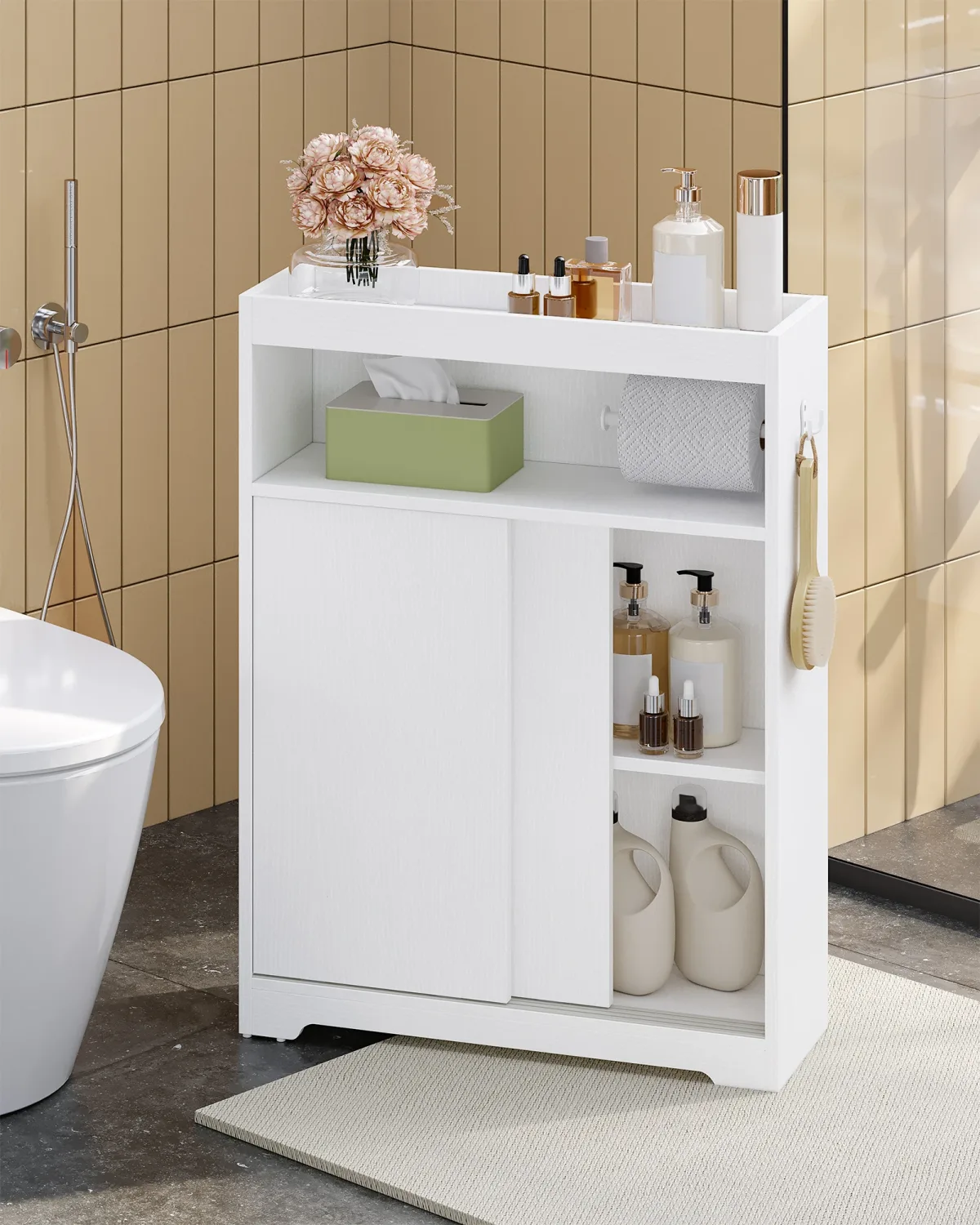 Armoire de salle de bain blanche, porte coulissante