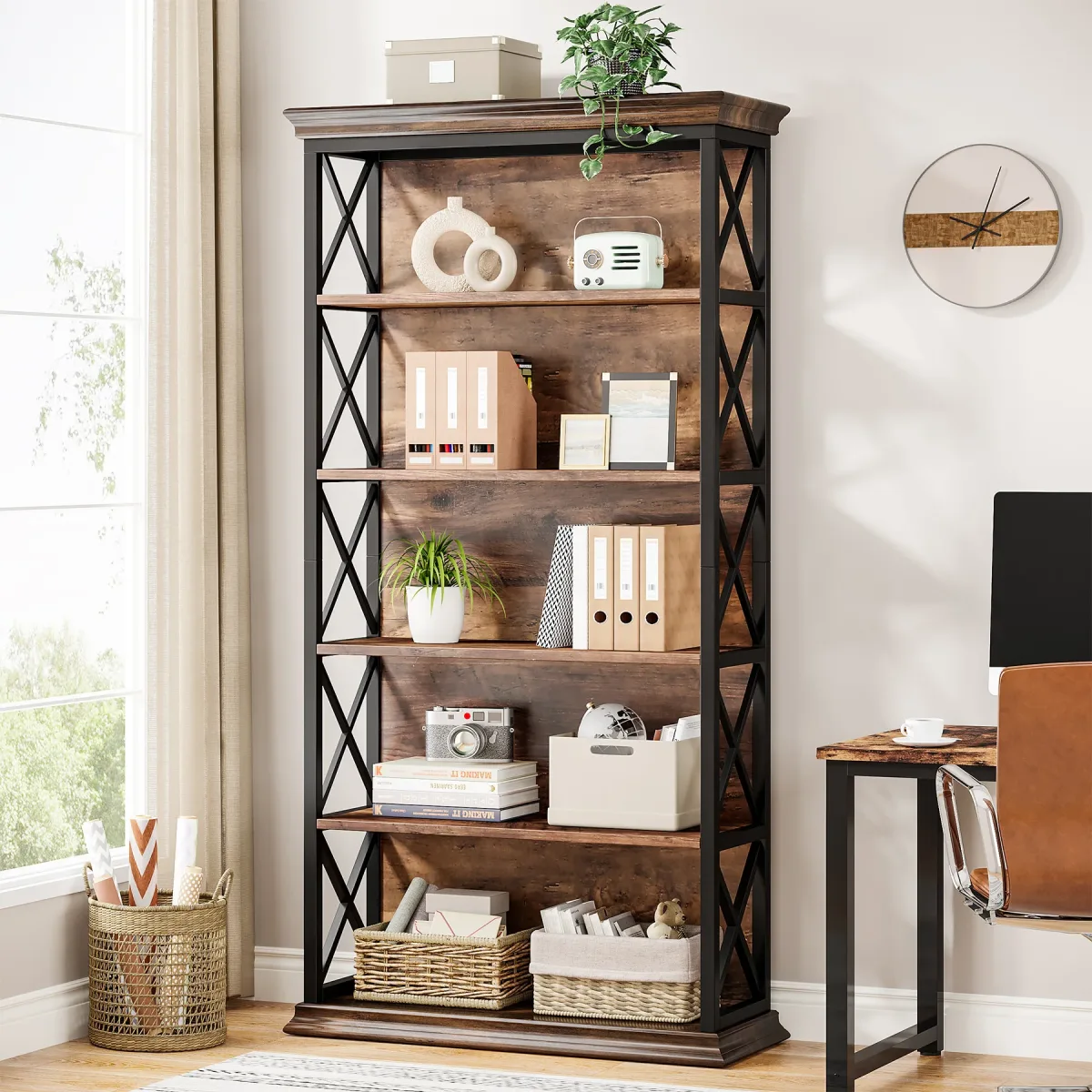 Bibliothèque industrielle 180 cm, cadre métal noir