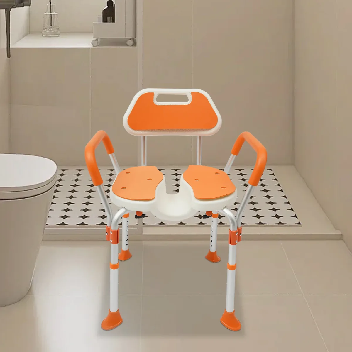 Chaise de douche pliable orange avec accoudoirs