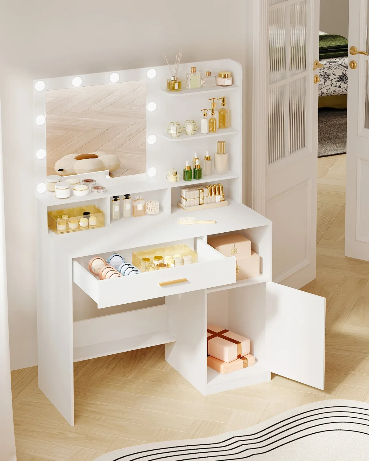 Coiffeuse blanche avec miroir et lumières LED