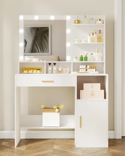 Coiffeuse blanche avec miroir et lumières LED – image 3