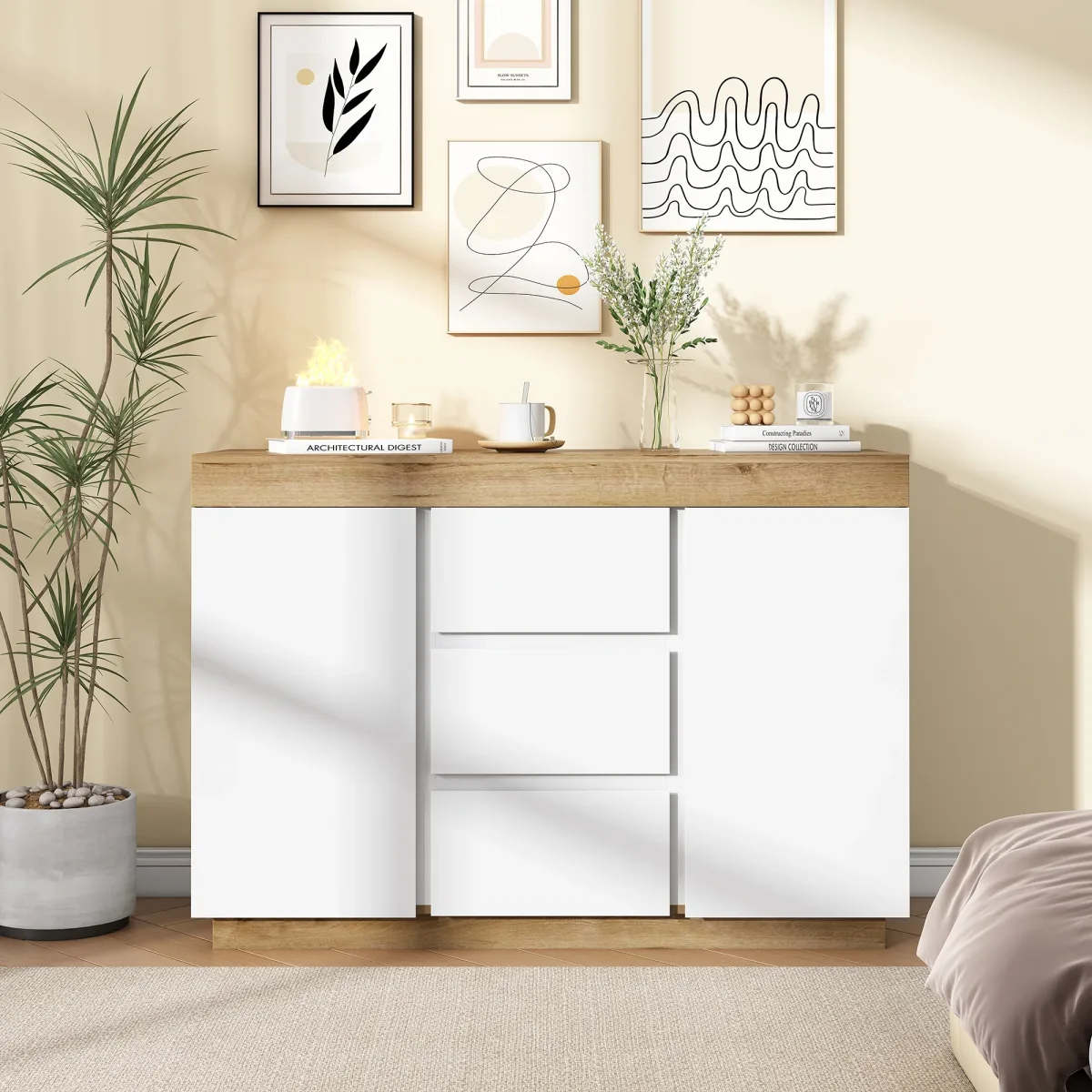 Commode blanche aspect chêne, 3 tiroirs et 2 portes