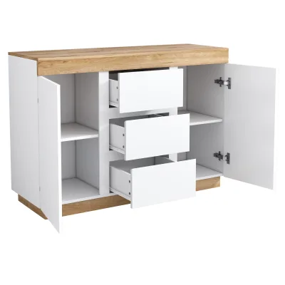 Commode blanche aspect chêne, 3 tiroirs et 2 portes – image 3