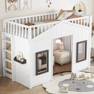 Lit superposé cabane blanc et gris avec escalier – image 3