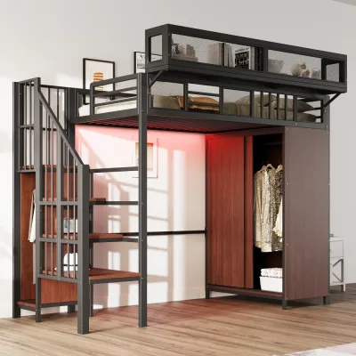 Lit superposé noir en métal 90 × 200 cm, armoire