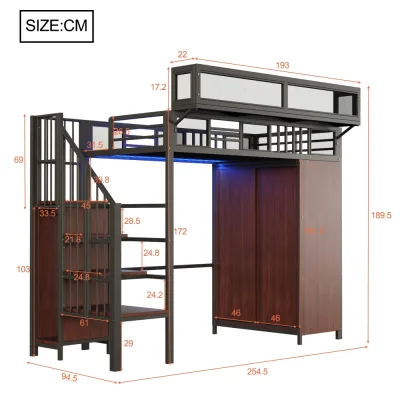 Lit superposé noir en métal 90 × 200 cm, armoire – image 2