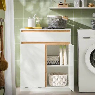 Meuble de salle de bain blanc avec panier à linge – image 2