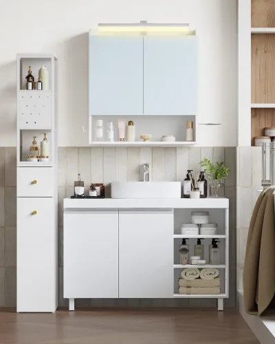Meuble-lavabo blanc à 2 portes et 3 niches ouvertes