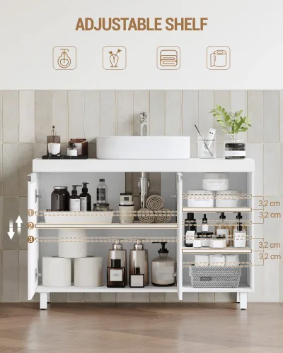 Meuble-lavabo blanc à 2 portes et 3 niches ouvertes – image 2